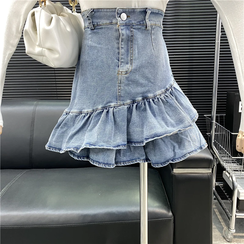 

Double-Layer Ruffled Stitching Denim Skirt Women 2022 Spring Summer New Sweet High Waist Fishtail Hip-Wrapped Jupe Students