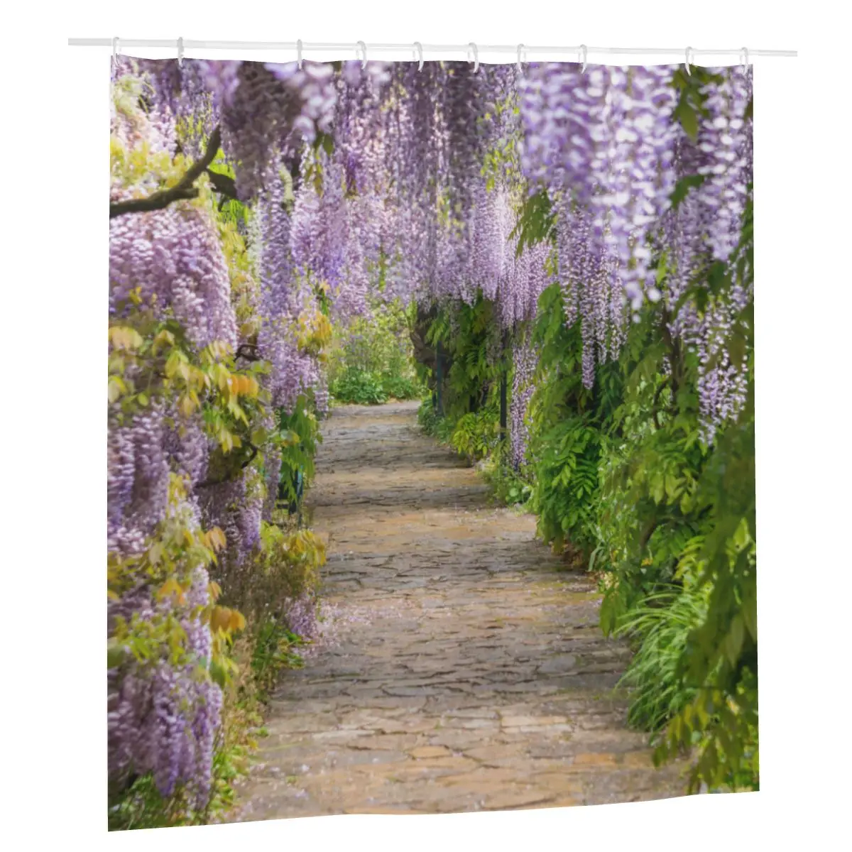 

Rural Pastoral Landscape Scenery Shower Curtain Bathroom Bath Curtains with Hooks Anti-peeping Street Flower Wisteria Curtain