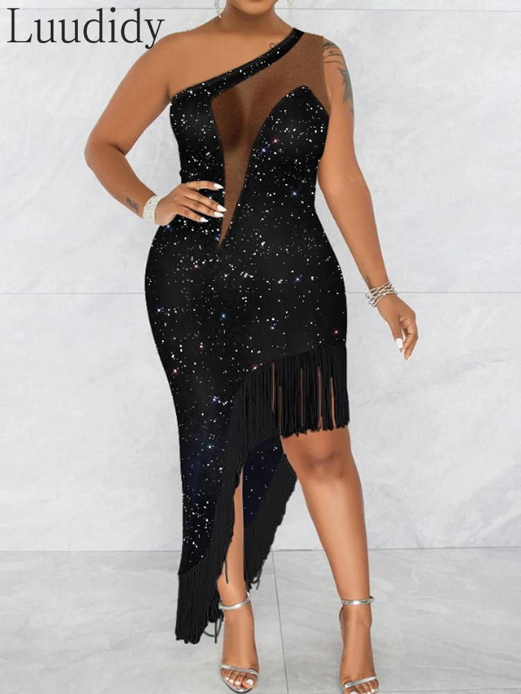 

Женское вечернее контрастное Сетчатое платье на одно плечвечерние с блестками и бахромой