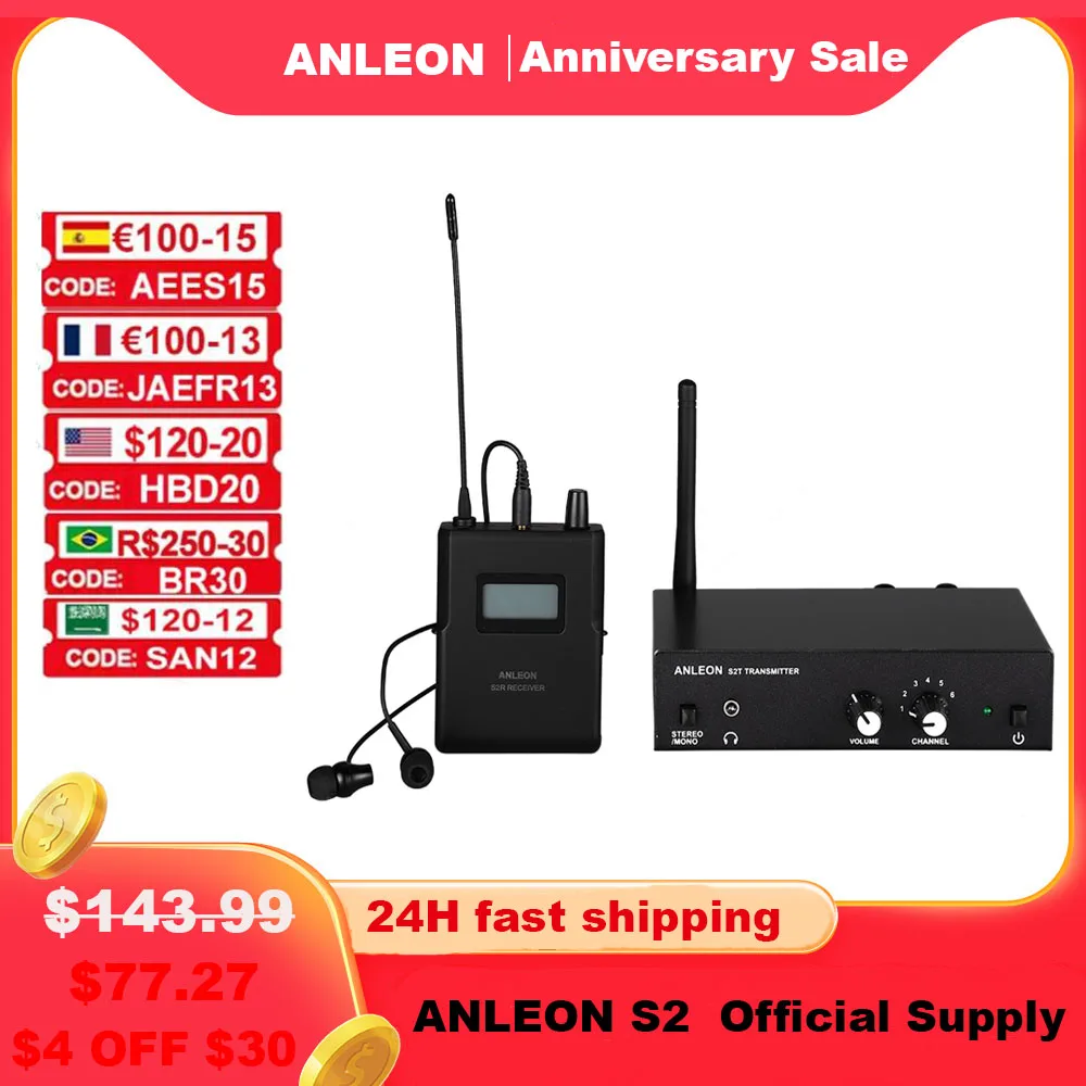 ANLEON S2 Stereo Wireless Monitor System Wireless Earphone Microphone Transmitter System 526-535Mhz 100-240V NTC Antenna Kit