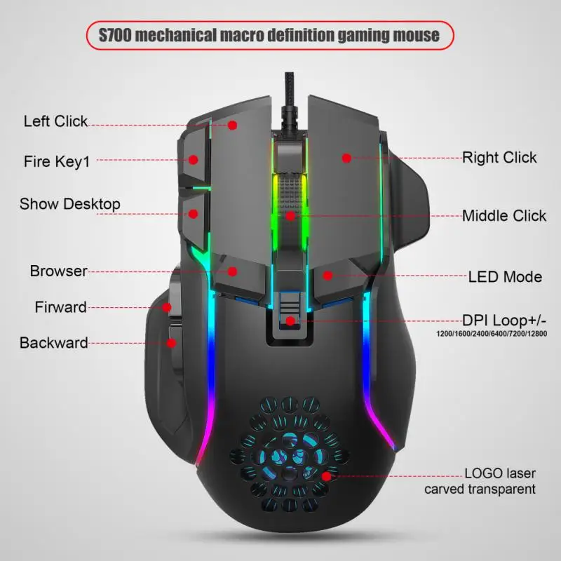 

Мышь Компьютерная Проводная игровая, 10 клавиш, 13 режимов RGB, 6 скоростей, 12800dpi