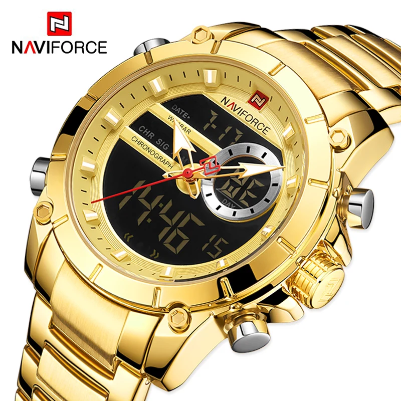 NAVIFORCE Luxury Original Men Sports Wrist Watch Gold Quartz Steel Waterproof Dual Display Clock Watches Relogio Masculino 9163