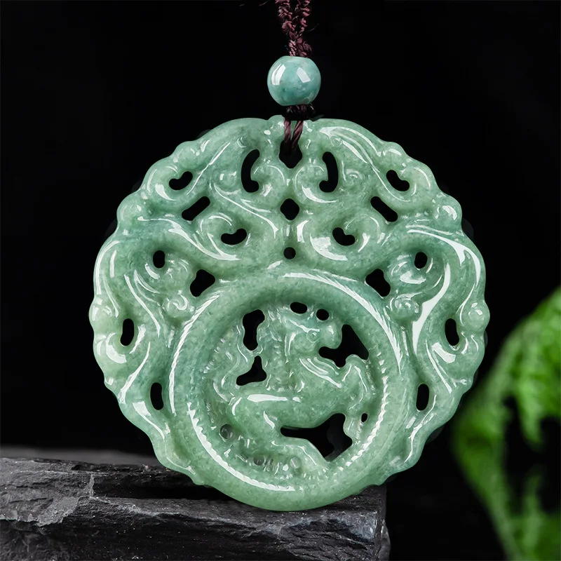 

Burmese Jade Dragon Pendant Amulets Vintage Talismans Gift Jadeite Emerald Natural Necklace Carved Green Charms Jewelry