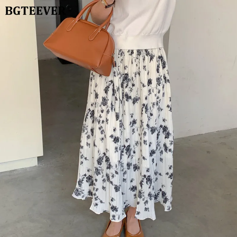 

BGTEEVER Elegant Loose Women Floral A-line Mid-Length Skirts 2023 Spring Summer Elastic High Waist Female Pleated Chiffon Skirts