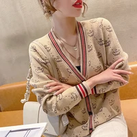 womens knitted cardigan luxury contrast design stripe crown pattern v neck button long sleeves sweater wholesale female clothes