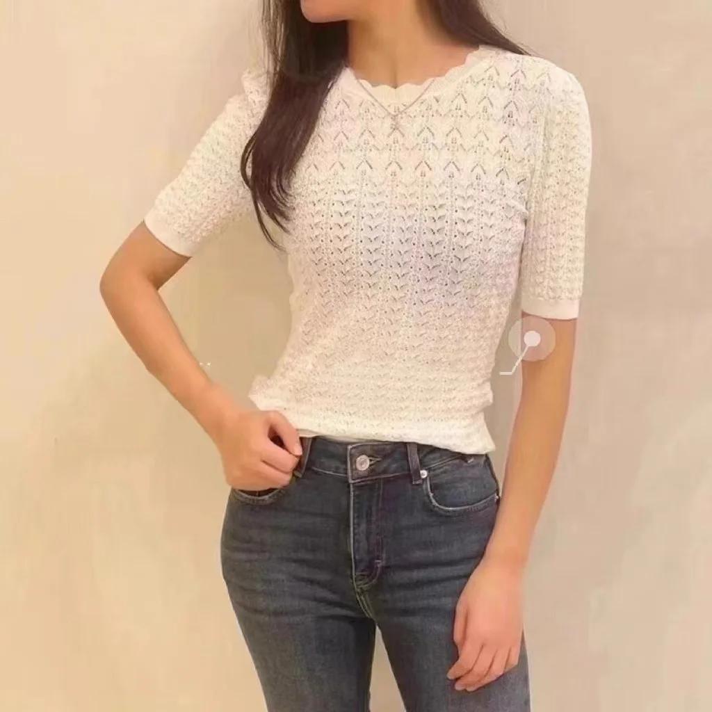 

Women's Mesh Hollow Out Crocheted Knitted T-Shirt White Short-Sleeved O-Neck Knitwear 2022 New Ladies Slim Knit Tee Top