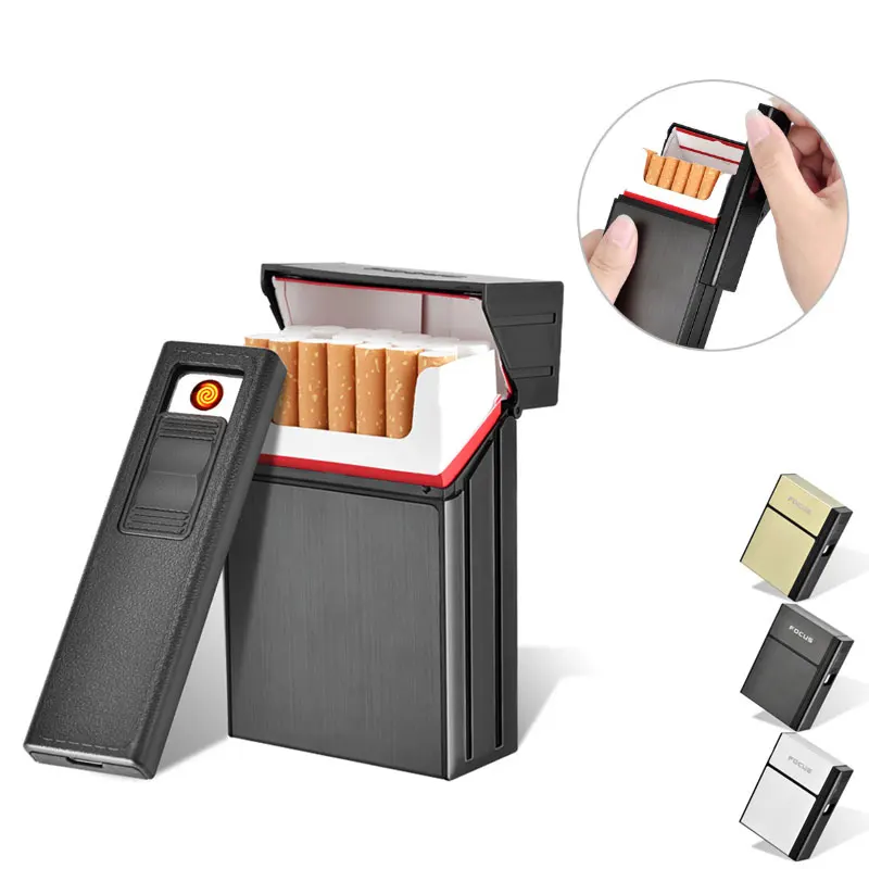Outdoor Windproof Ciagrette Holder Box with Removable USB Electronic Lighter Flameless Tobacco EDC Cigarette Case Lighter Tools