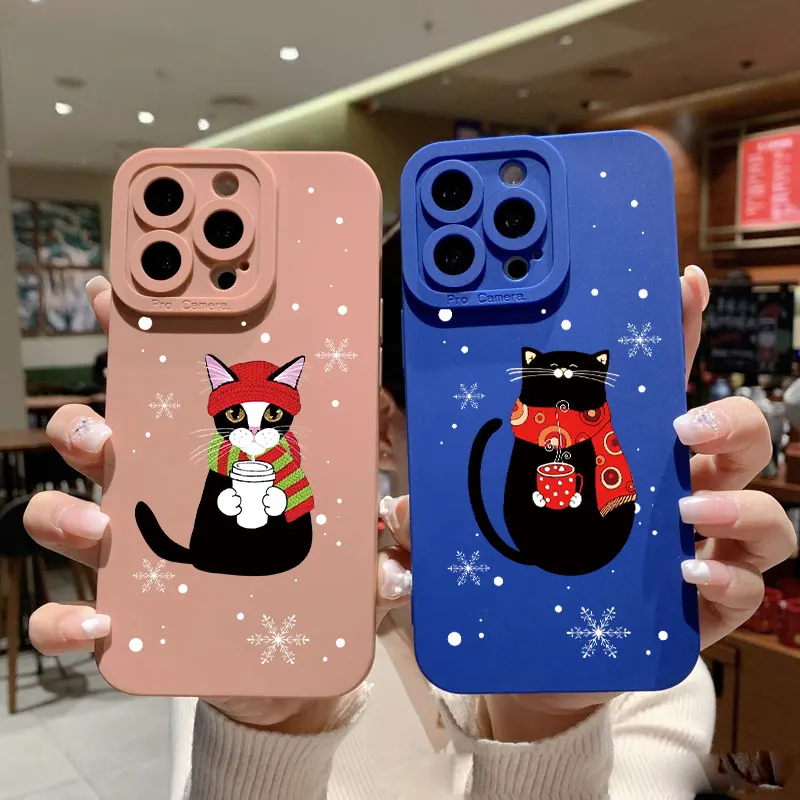 

Vintage Bow Cat Phone Case For iPhone 7 8 Plus SE2 14 11 12 13 Pro Max XR X XS Lovely Cat & Coffee Cute Cartoon Phone Soft Cover