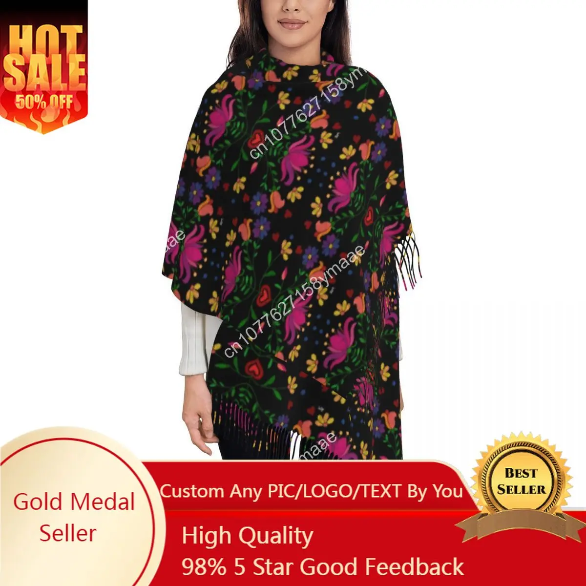 

Colorful Mexican Flowers Scarf for Women Warm Winter Cashmere Shawls and Wrap Long Large Scarves with Tassel for Daily Wear