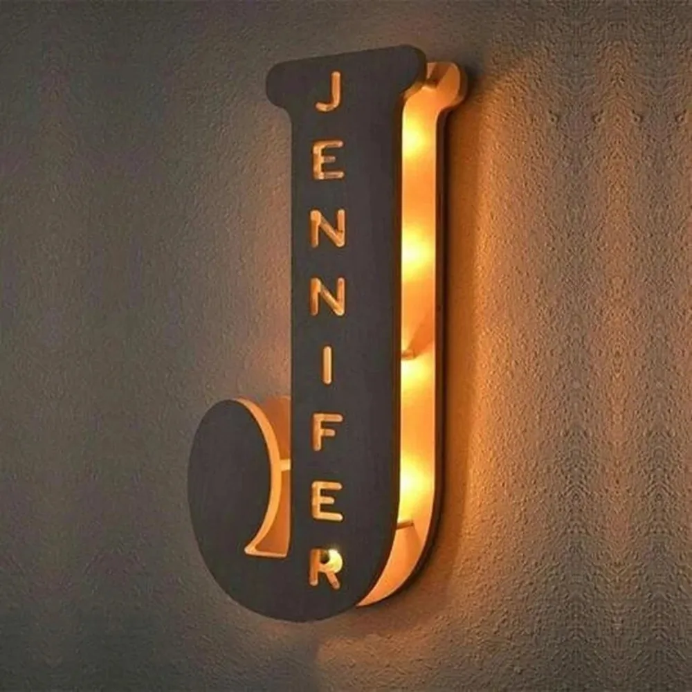 

Personalized Wall Decor LED Night Light 26 Letter With Name Sign Light for Couples Baby Room Bedroom Custom Wooden Lamp Engraved
