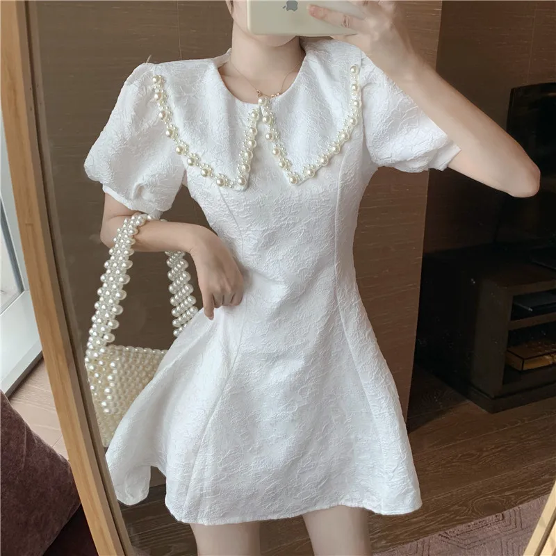 

Elegant Pearl Peter Pan Collar Puff Sleeve White Black Mini Dress French Women Summer Fashion A Line Dress Slim Waisted Dress
