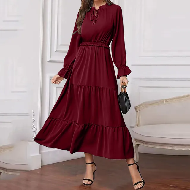 Women's Solid Color Long Sleeve Lace Up European And American Style Women's Long Dress Dresses for Short Women 5'0 1