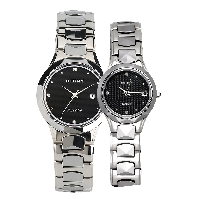 

BERNY Couple Watch Japan Quartz Movement VX12 Sapphire Glass Calendar Tungsten Steel Belt Montre Horloge Ladies Watches 3Bar
