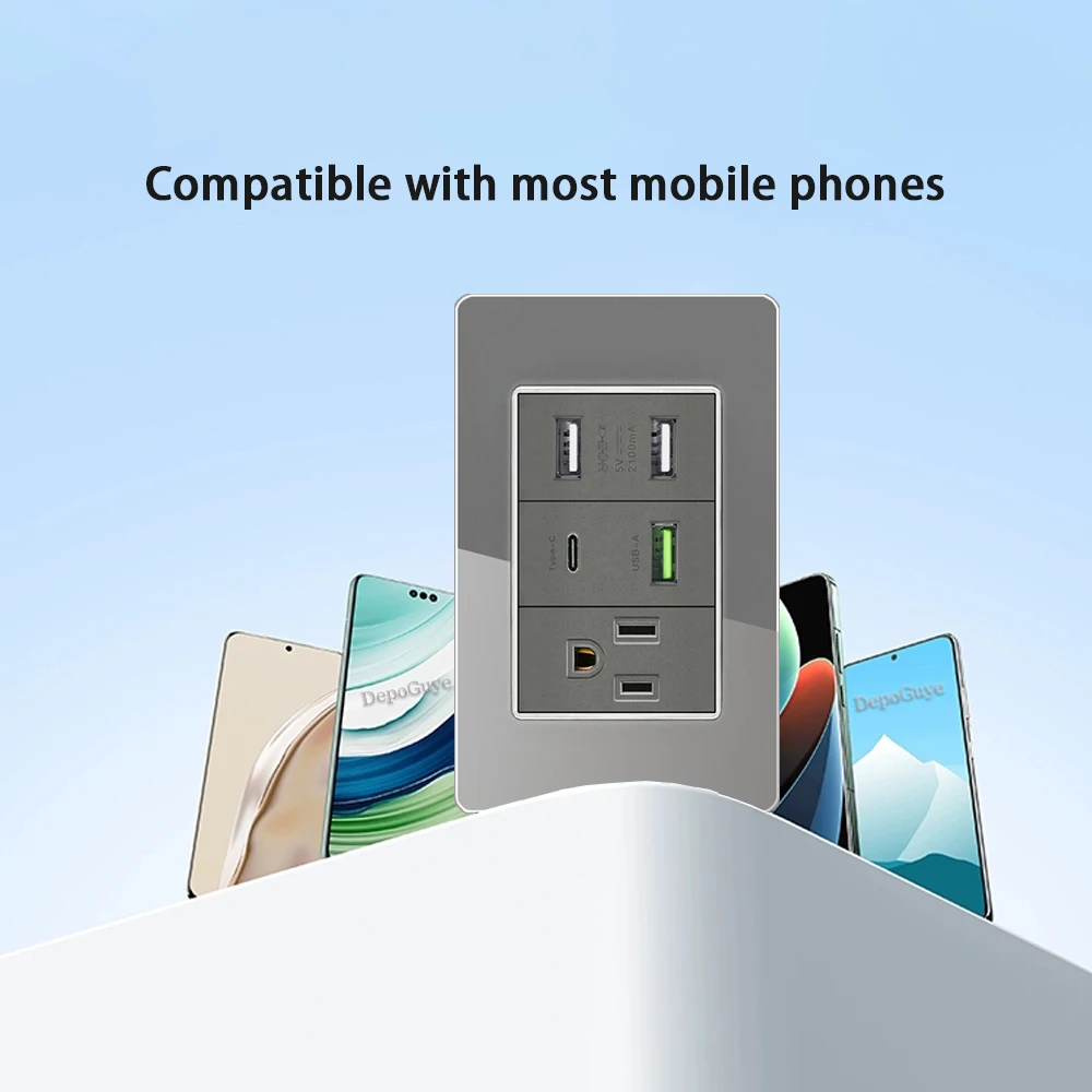 Серое закаленное стекло, американская розетка USB Type-C, 20 Вт, умная настенная розетка с быстрой зарядкой, минимальный тайский двойной USB-разъем, выключатель света (art.: 3920d0908ee42) - 3920d0908ee42