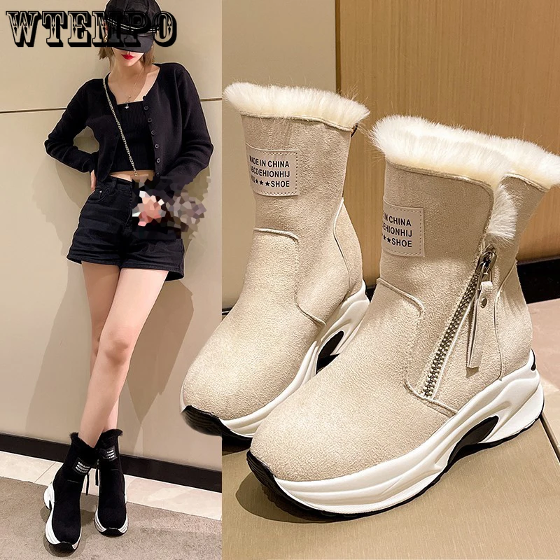 

WTEMPO Winter New Round Toe Plush Warm Side Zipper Short Boots Women Fashion Beige Black Flat Thick Heel Casual Plush Snow Boots