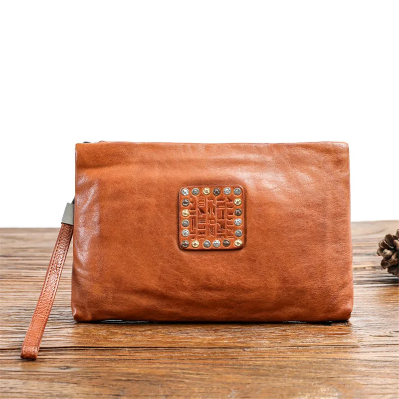 Fashion designer natural genuine leather ladies clutch bag vintage luxury natural real cowhide women large-capacity rivet wallet