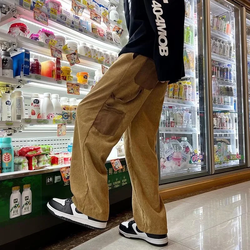 

Spring Corduroy Pants Men Fashion Retro Pocket Cargo Pants Men Japanese Streetwear Loose Hip Hop Straight Pants Mens Trousers