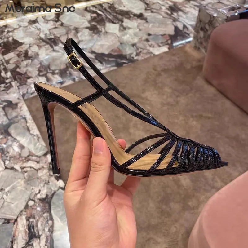 Summer Rhine-Drill Cross-Strap Sandals Fuchsia Black Pointed Stiletto Sandals Sexy Large Size Fashion Hollow Out Women's Pumps