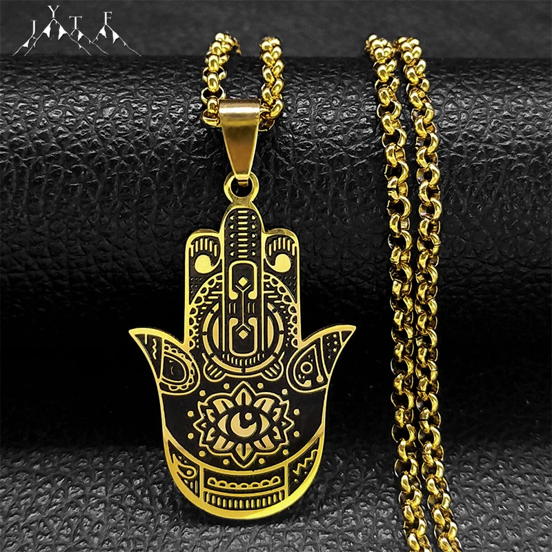 

Hamsa Hand of Fatima Lotus Evil Eye Pendant Necklace Men Stainless Steel Gold Plated Turkish Eyes Necklaces Lucky Jewelry