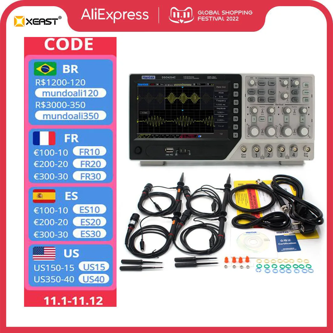 

Digital Oscilloscope 4 channel with 1CH Arbitary function Waveform Generator Hantek DSO4084C DSO4104C DSO4204C DSO4254C 250MHz