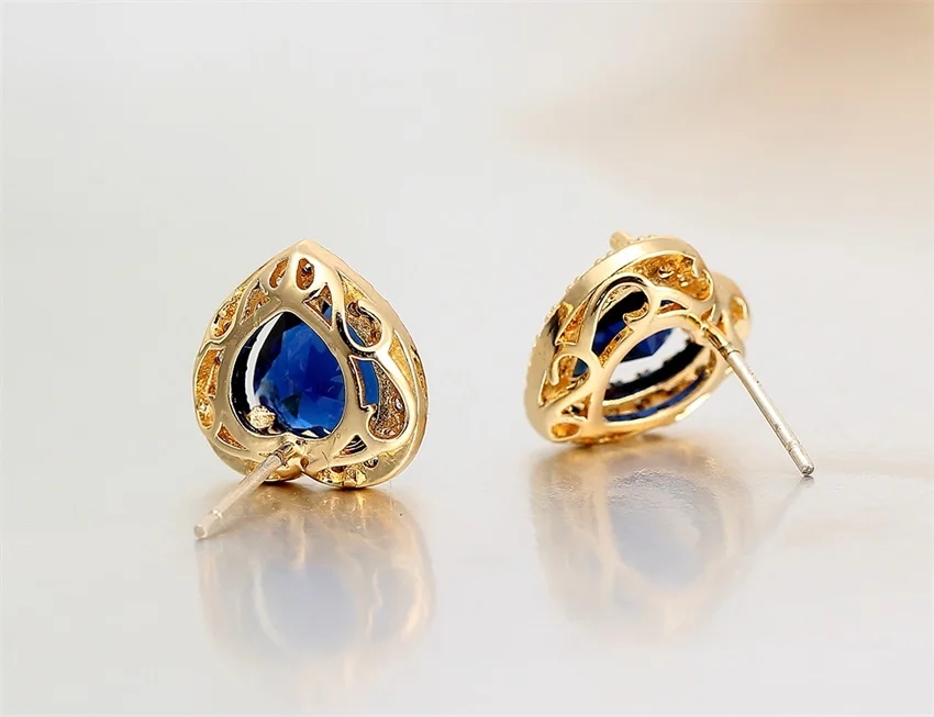 Yellow Gold Color Peach Heart Blue Paved CZ Stud Earrings for Women Luxury Jewelry Aros Oorbellen Orecchini
