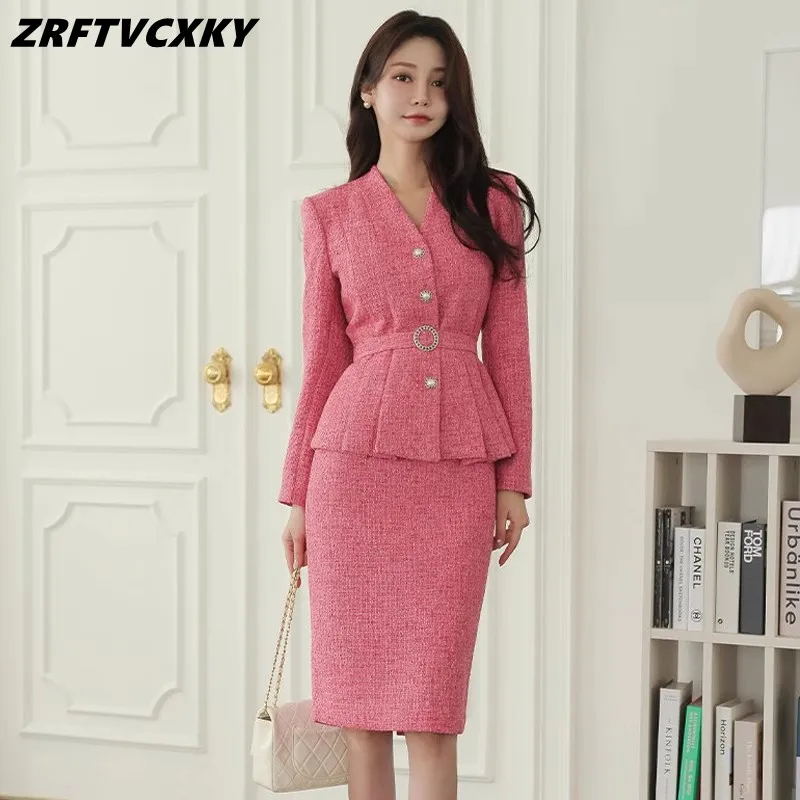 

Женский костюм из двух предметов, повседневный облегающий топ с V-образным вырезом и оборками и юбка-карандаш средней длины в Корейском стиле на осень