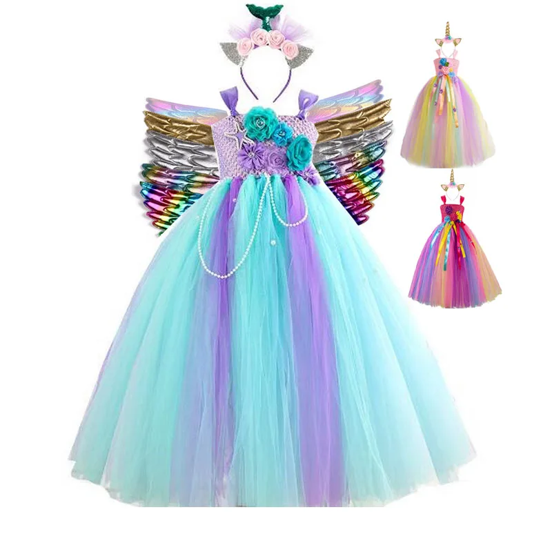 

Mermaid Long Dress Girls Unicorn Birthday Party Princess Dress with Headband Wings for Kids Halloween Costume Outfits Vestidos