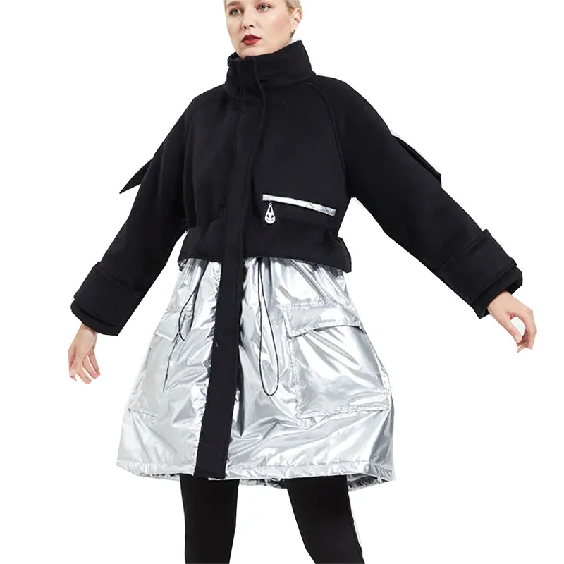 Real Shot Stitching High-End Wool Down Jacket Women 2022 Winter New Trend Loose Thick Warm 90 White Duck Down Coats Female