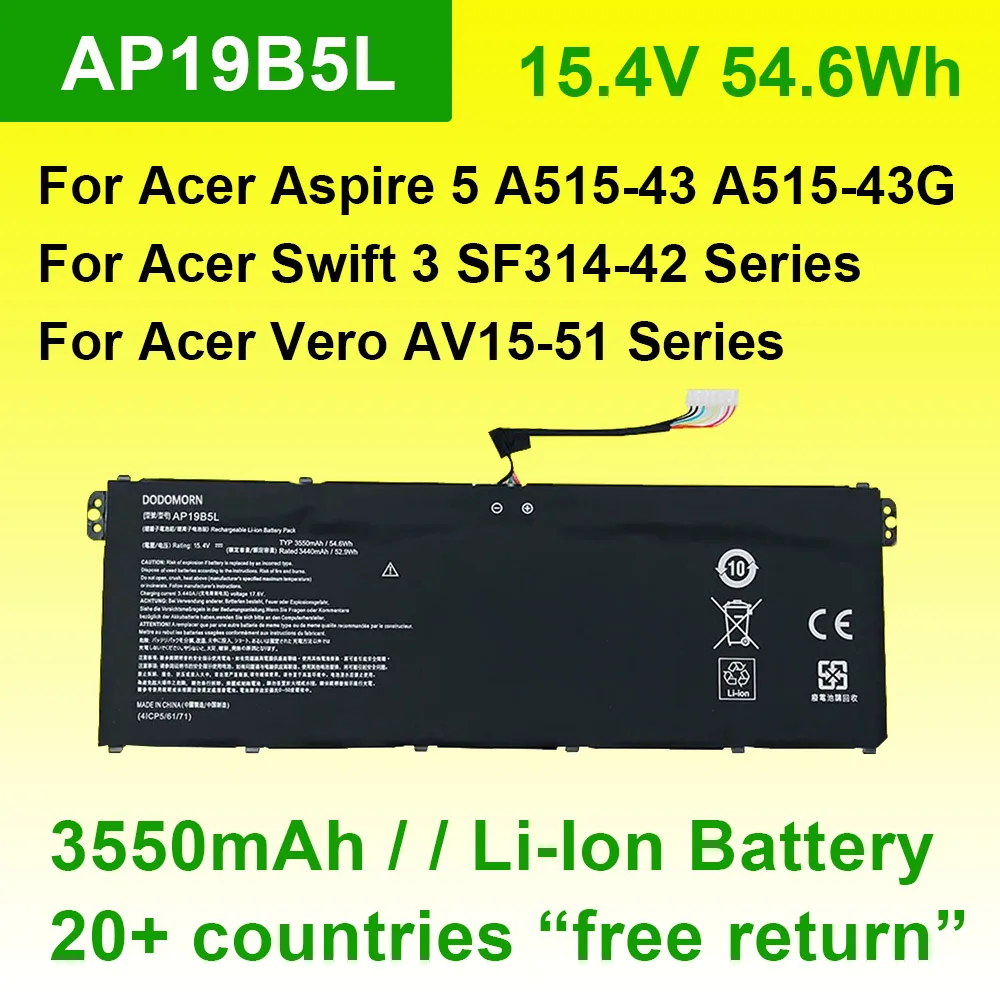 AP19B5L для Acer Aspire 5 A515-43 Swift 3 A515-43G SF314-42 SP314-21N-R5FR Vero AV15-51 Аккумулятор ноутбука 15 4 V 54.6Wh