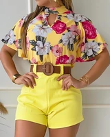 print shorts suit women 2022 summer fashion short sleeve tops high waist shorts set yellow casual two piece set without belt