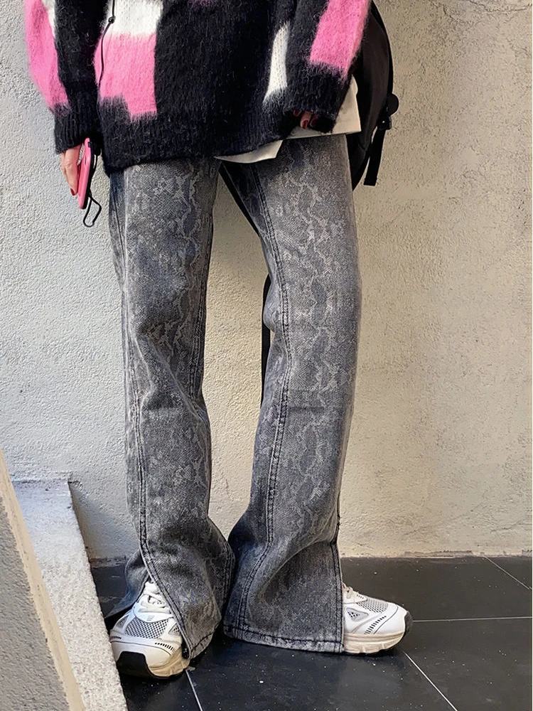 

QWEEK Vintage Gray Jeans Women Harajuku 90s Retro Streetwear Gothic Split Baggy Denim Pants Oversize Punk Chic Wide Leg Trousers