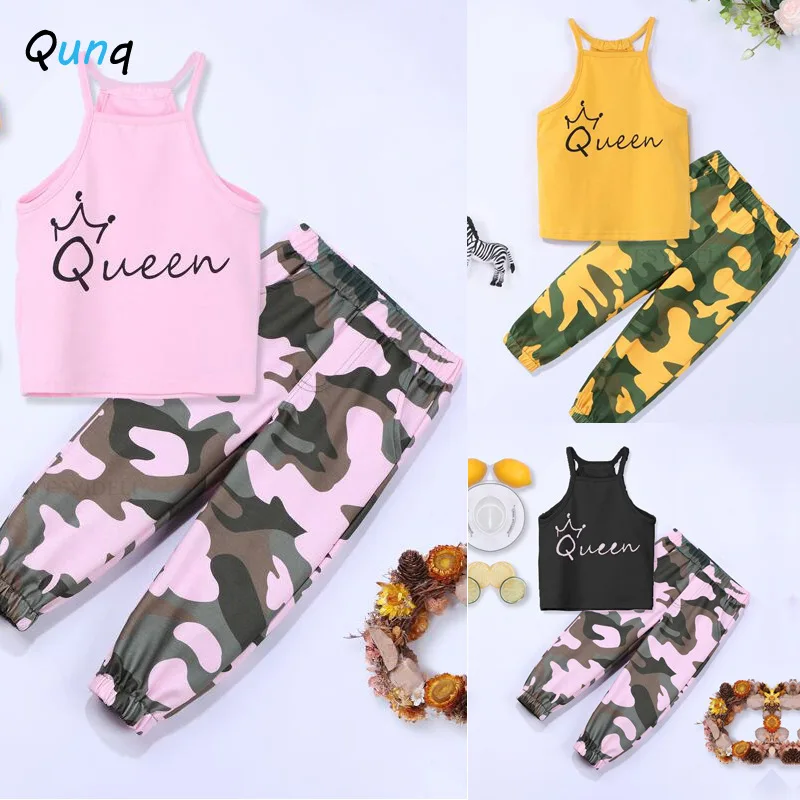 

Qunq Spring & Autumn Casual Clphabet Vest Top + Camouflage Trousers Children's Fashion Causal Sportwear Two Piece Set Age 3T-8T