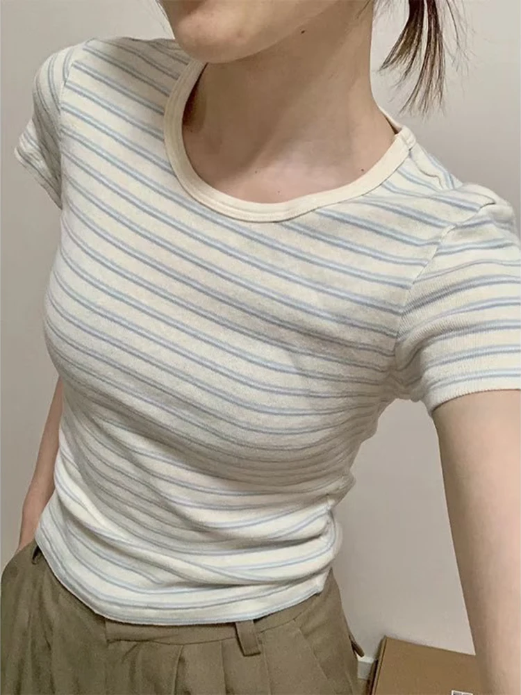 Y2K повседневные женские мягкие хлопковые белые полосатые короткие ...