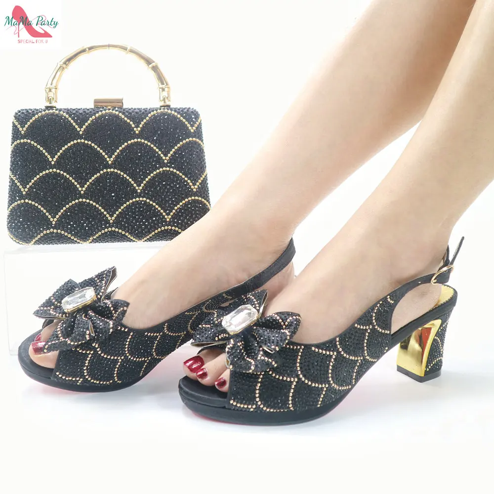 

Black Color Winter New Arrivals Classics Style African Women Shoes and Bag Set Comfortable Heels Pumps for Garden Party