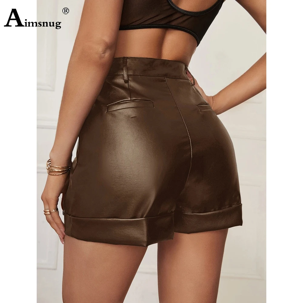 2022 Sexy Fashion Zipper Pocket Shorts Women Faux Pu Leather Shorts High Cut Female Casual All-matched Stand Pocket Hotpants