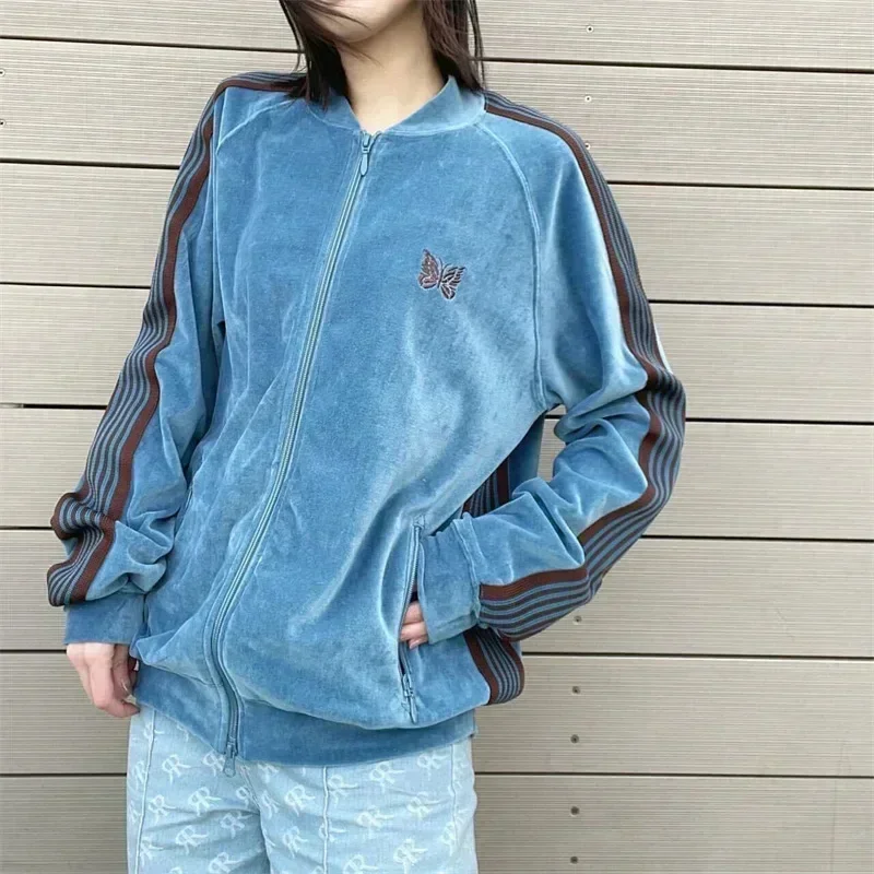 25ss Синие бархатные куртки AWGE Мужская женская куртка в полоску с вышивкой