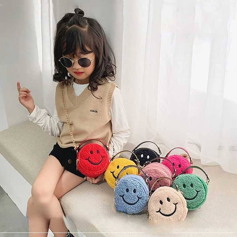 Children's Lunch Packet Little Girl Carrying Bag Baby Clutch Kids Chain Plush Shoulder Package Happy Smiley Wallet Tote for Boys