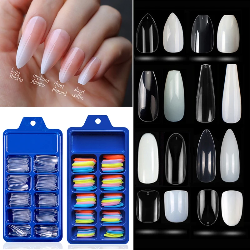 

100 Pieces/box Full Cover Short Long False Nail Tips Ballerina Coffin Fake Nails Square Stiletto French Acrylic Press On Nails