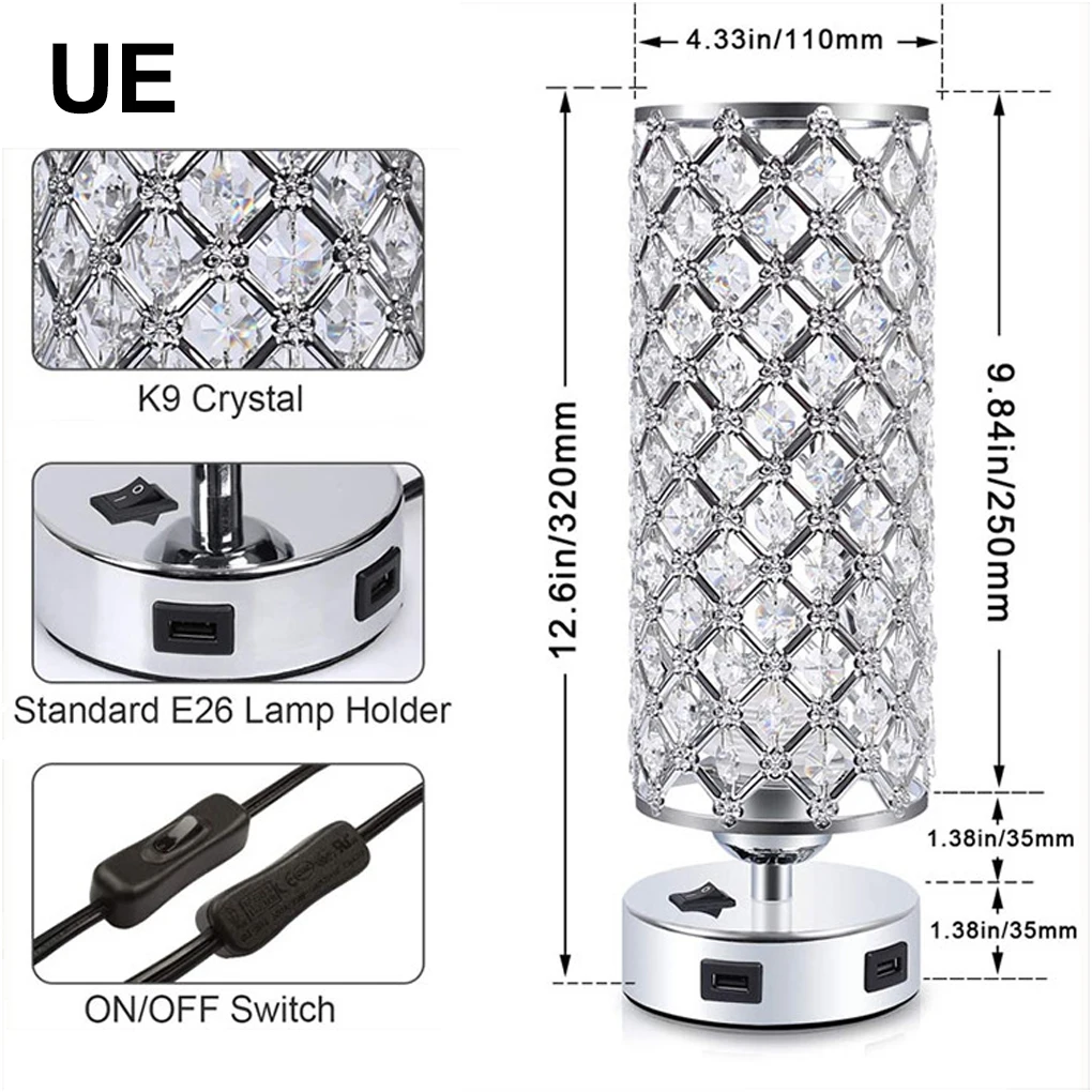 

Crystal Desk Lamp with USB Ports Living Room Nightlight E27 Bedside Lights