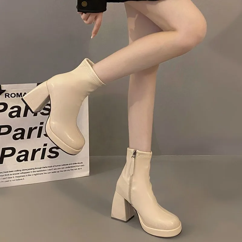 

Белые ботинки на высоком каблуке женские новые ботинки для осени 2023 женская обувь на высоком каблуке