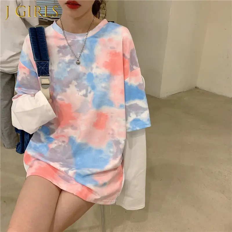 

T-shirts Women Loose Fake-two-piece Cool Unisex Female Spring Autumn Clothing Comfortable Fashionable Tie Dye Patchwork Teen Ins