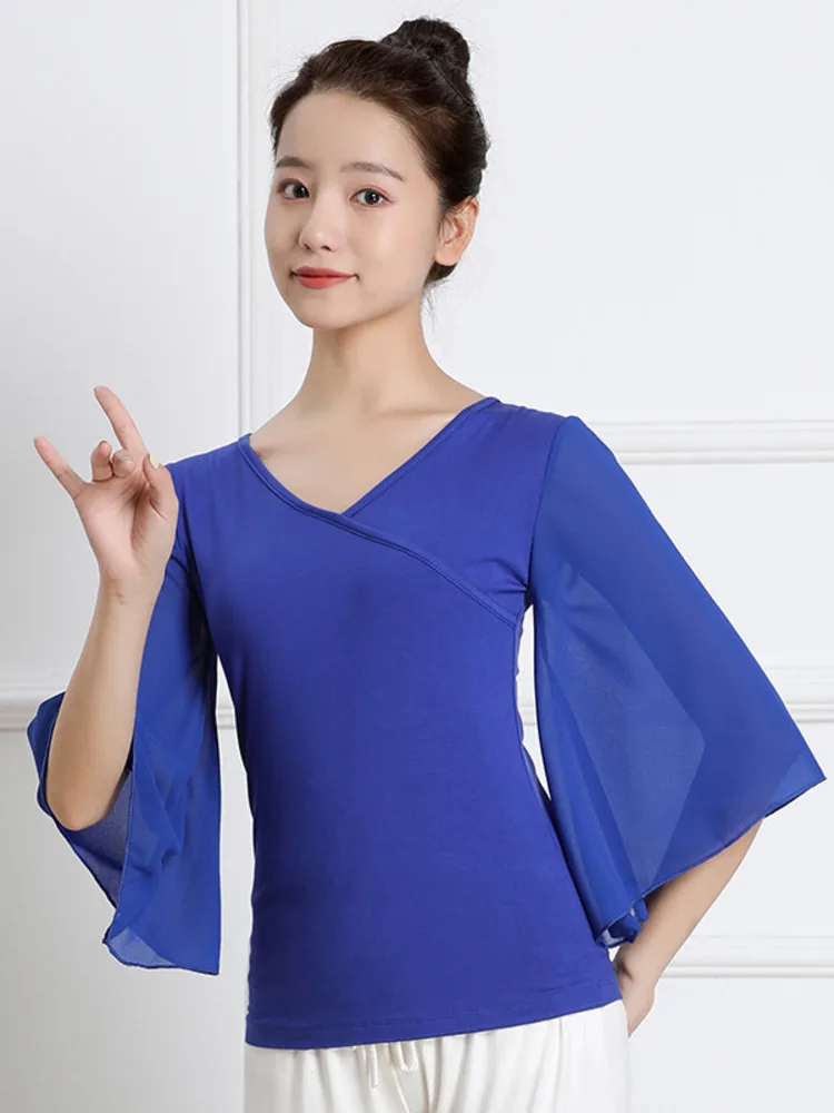 

Женская футболка для латиноамериканских танцев, Однотонная футболка с расклешенным рукавом и сетчатым верхом для Танцев Живота, модель 2023 года