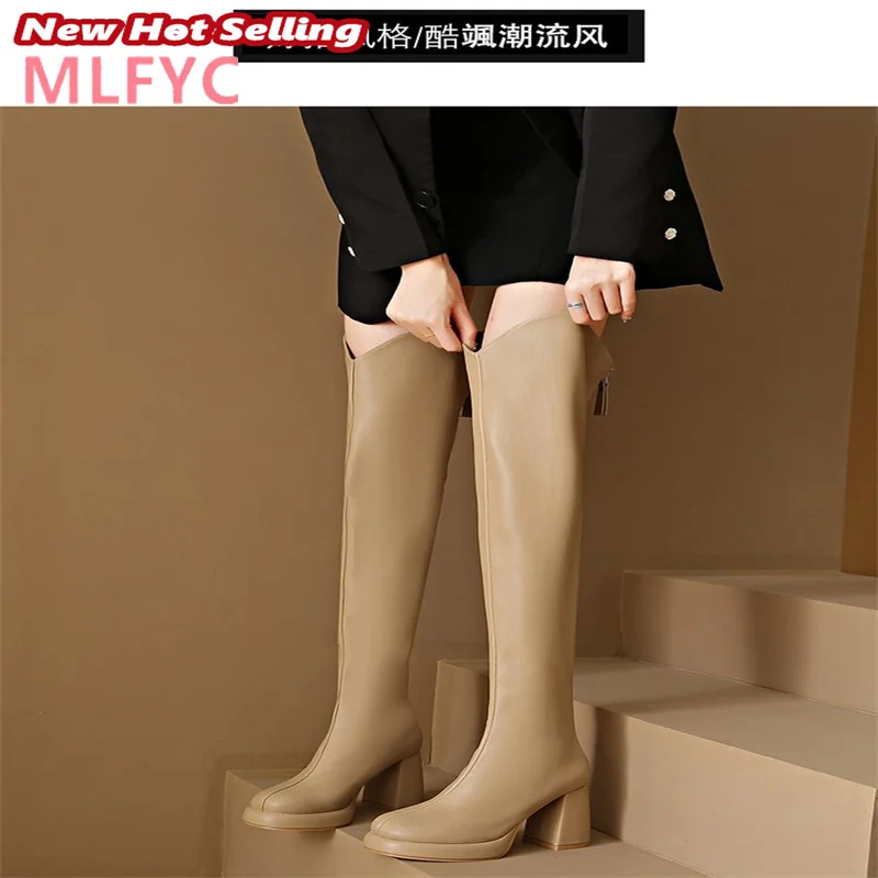 

Large Boots Women's 2023 Autumn/Winter New British Style Round Toe Thick Heels Over Knee Back Zipper High Boots