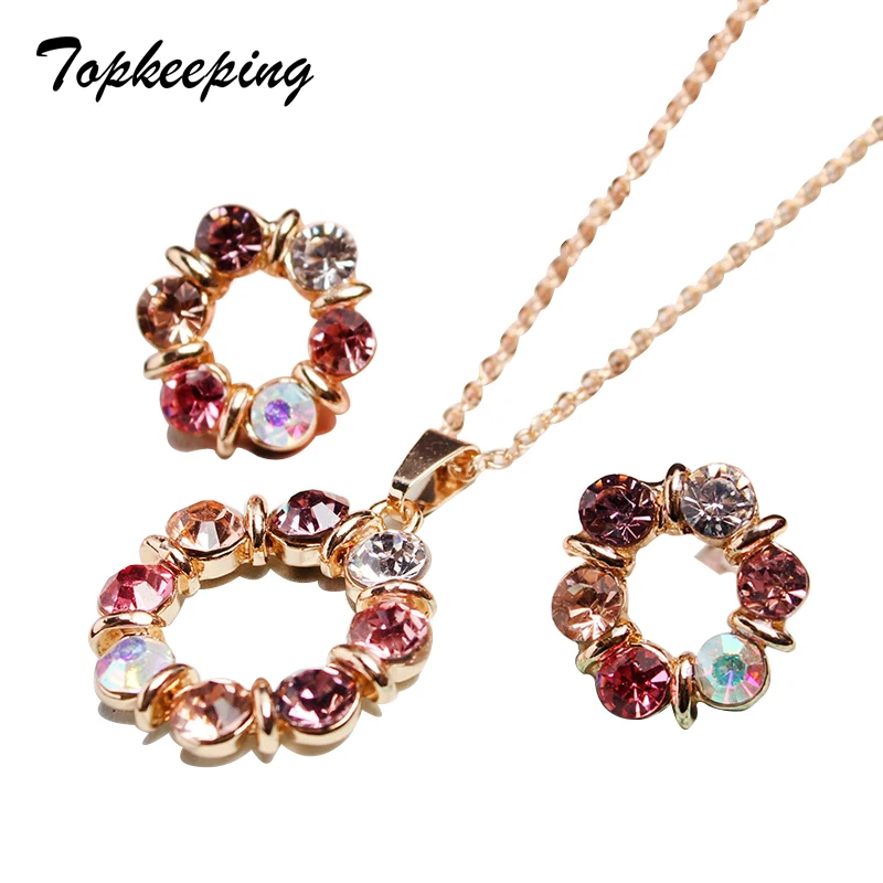 

LE Fashion Jewelry Circle Drop Water Pendants Gold Filled Elegant Luxury Design Colorful Crystal Jewelry Sets
