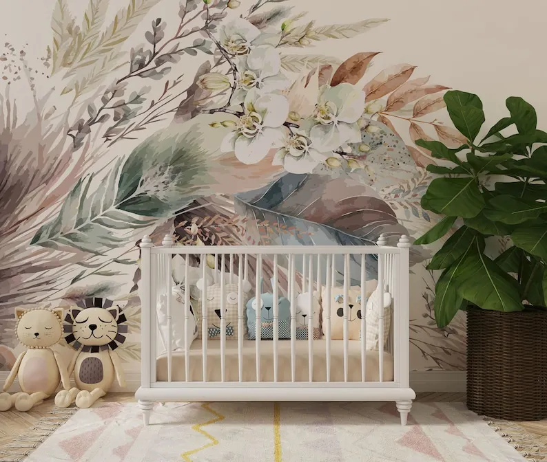 

Customizable Pastel Colors Boho Easy Removable Mural, Bohomian Colors Floral Wallpaper, Peel And Stick Wallpaper, Flowers Nurser
