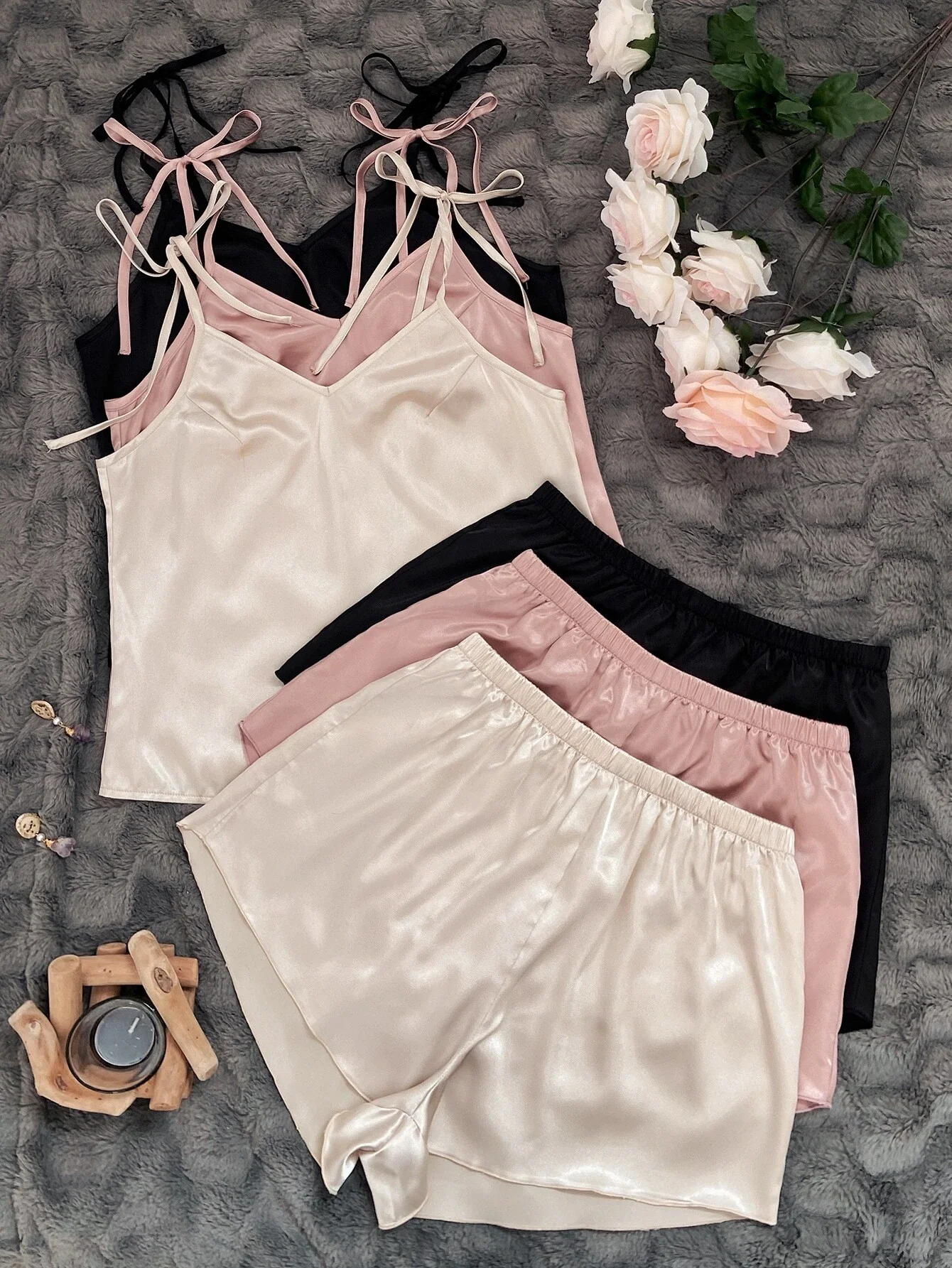 

3sets Tie Shoulder Satin Cami Top & Shorts PJ Set