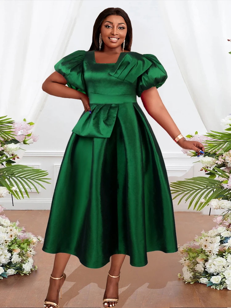 Plus Size 4XL Green Dress Peplum Elegant Square Neck Puff Sleeve robes High Waist Pleated Flowy Gown Evening Wedding Birthday