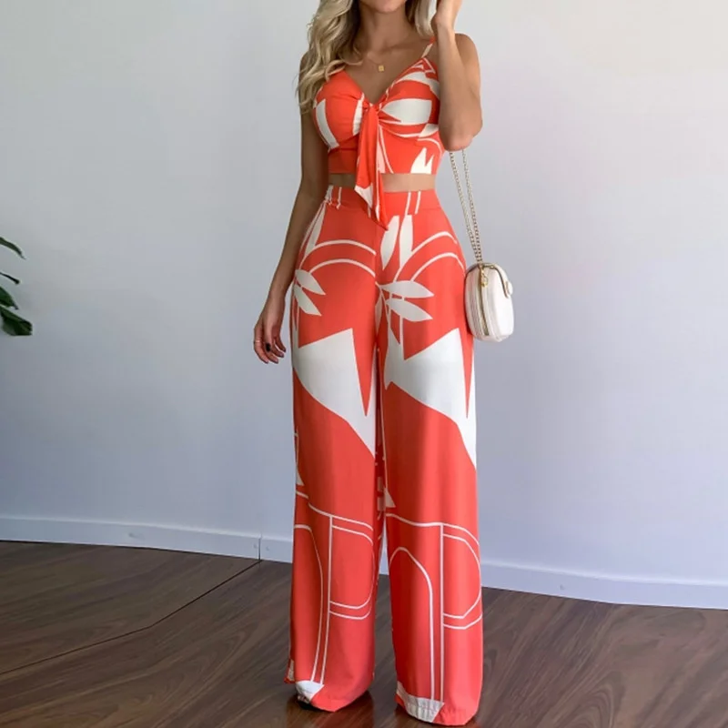 

Two Piece Set For Women Women's Tops Pants Long Trousers Woman Official Dress Sexy Strap High Waist Commuter Wide Leg Tie Vest