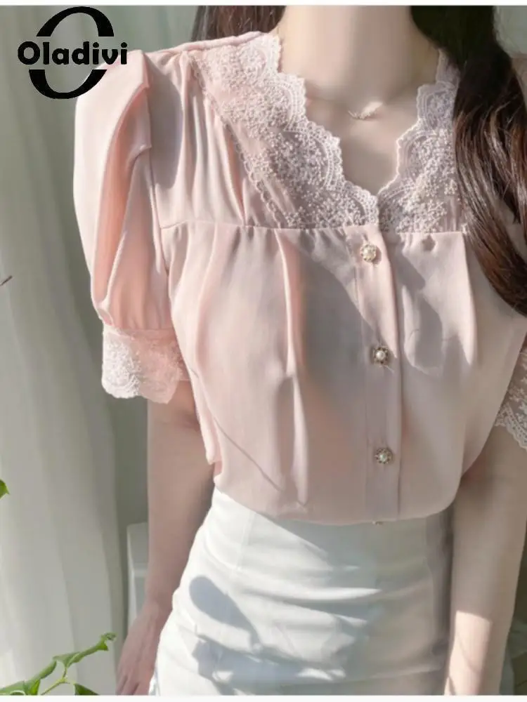 

Oladivi Women's Fashion Lace Short Sleeve Blouses 2022 Summer New Casual Loose Shirts Vintage Ladies Official Tops Work Wear 999