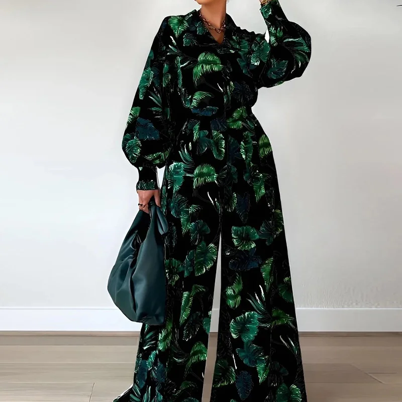 

Commute Office Outfit Spring Fashion Leaf Print Button Lapel Shirt Top+High Waist Workpant Suit Women Long Sleeve Two Piece Set
